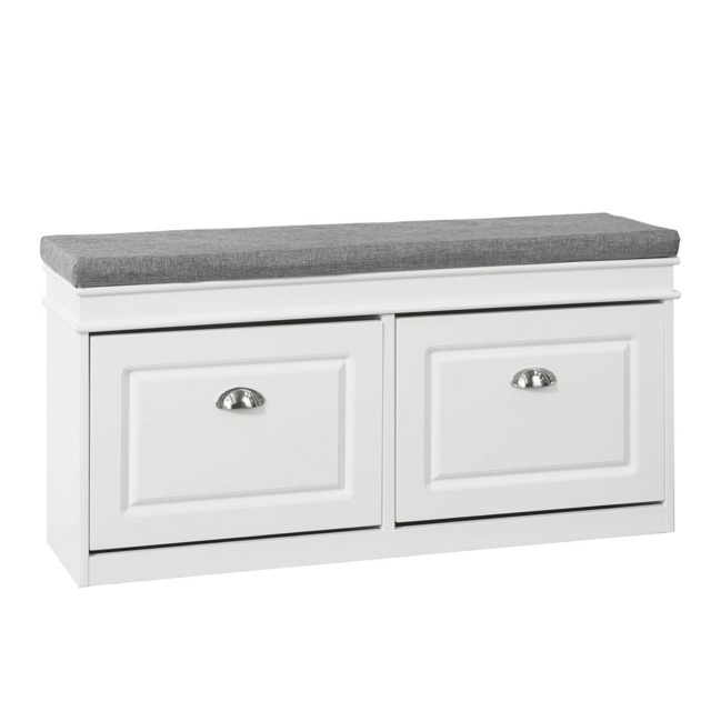 SoBuy Shoe Storage Bench with Seat Cushion, 2 Flip-Drawer, White/Gray, 40.9x9.4x20.5 in, 16.3 kg - FSR64-W