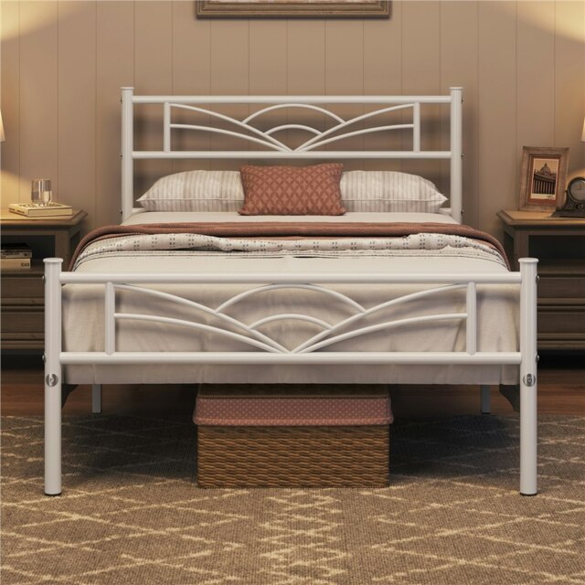 Yaheetech Metal Platform Bed Frame with Cloud-inspired Design Headboard White, 3ft Single