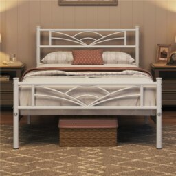 Yaheetech Metal Platform Bed Frame with Cloud-inspired Design Headboard White, 3ft Single