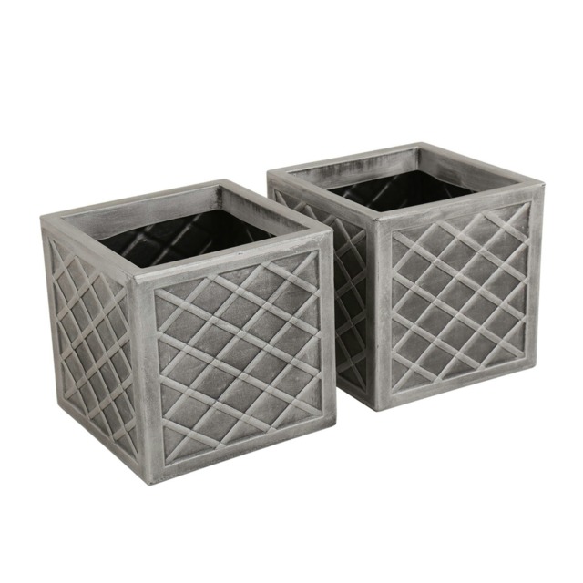 Charles Bentley Pair of Lazio Square Pewter Planters Grey Plastic - Dia. 32cm