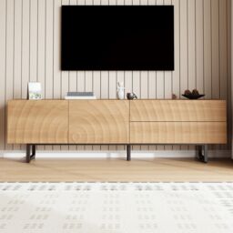 VILUXE 180 x 38 x 51.5cm TV Stand with 2 Handleless Doors, 2 Drawers, 3D Wave Wood-Grain Fronts, Cable Management and Black Metal Legs, Natural Wood