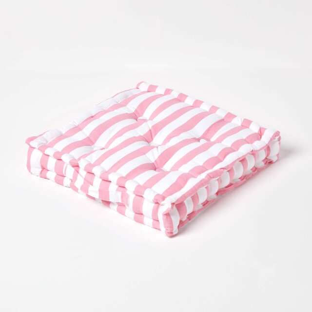 Homescapes Cotton Pink Thick Stripe Floor Cushion - 40 x 40 cm Pink 40 x 40 cm