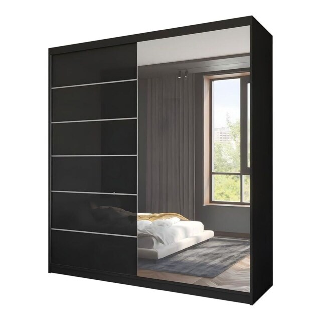 Sliding Wardrobes 4u High Gloss Sliding Door Wardrobe with Full Mirror - 150cm 180cm and 203cm Black Black 150cm