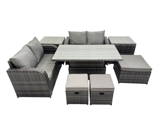 Fimous 7-seater Patio Height Adjustable Rising Lifting Table Sofa Sets Rattan Garden Furniture Dining Set with 2 Side Table 3 Stools Dark Grey Mixed