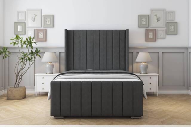 "Sloomy Melbourne Graphite Dumfries Bed Frame With Mattress With 50"" Upholstered Wingback Headboard 5' King"