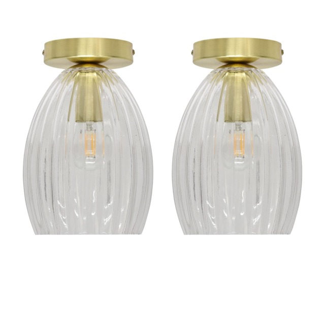 Set of 2 Birch - Clear Fluted Glass Satin Brass Ceiling Light Fittings