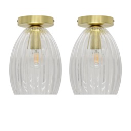 Set of 2 Birch - Clear Fluted Glass Satin Brass Ceiling Light Fittings