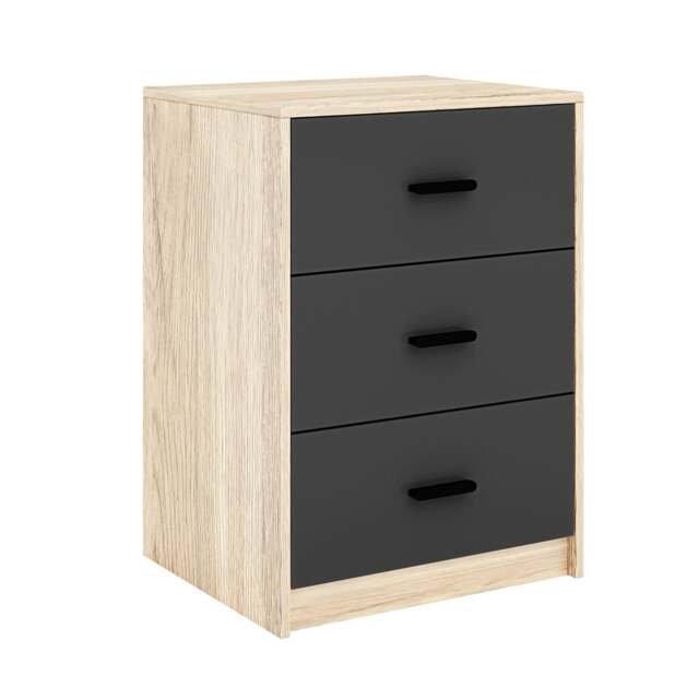 Oak 3-Drawer Bedside Table Brown Accent Colour: Black 1