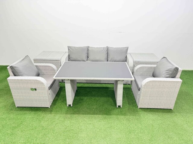 Fimous Outdoor Rattan Garden Furniture Dining Set 5-seater Patio Rectangular Table 3 Seater Sofa Reclining Chair Set with 2 Side Tables