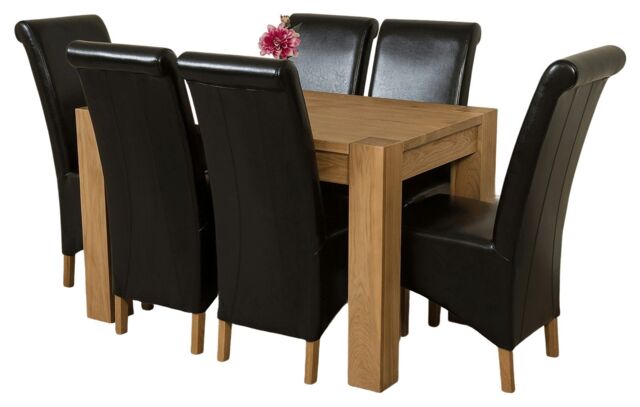 Kuba 125 x 80 cm Chunky Oak Small Dining Table and 6 Montana Leather Chairs Black Black