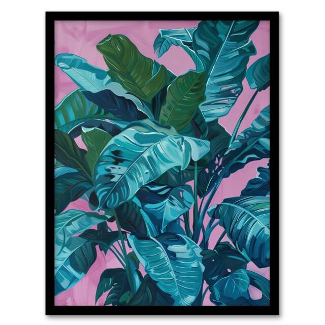 Tropical Plant Lover Pink Teal Living Room Black Framed Wall Art Print A4