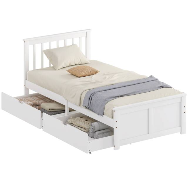 HOMCOM Storage Bed with 2 Drawers, Pine Wood Bed Frame, 90 x 190 cm, White White