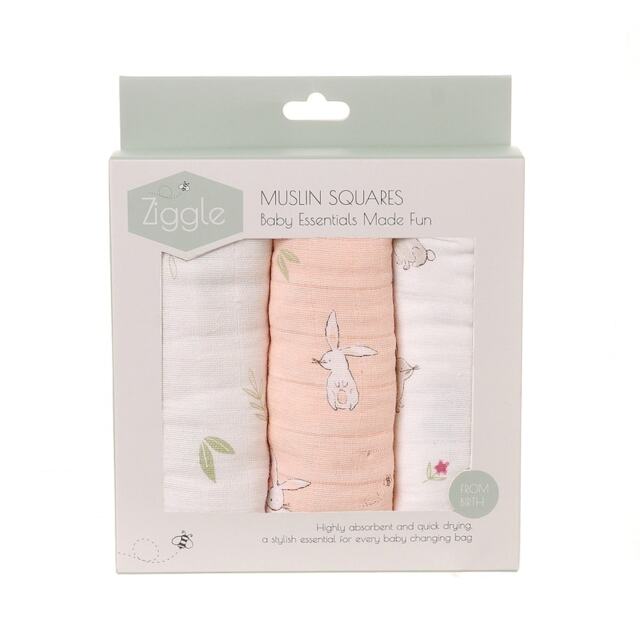 Ziggle Muslin Square 3 Pack - Pink Bunnies White Pink L