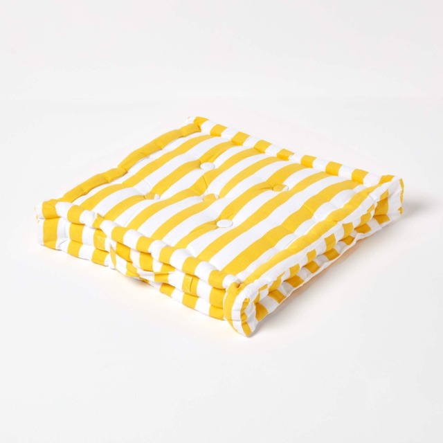 Homescapes Cotton Yellow Thick Stripe Floor Cushion - 50 x 50 cm Yellow 50 x 50 cm