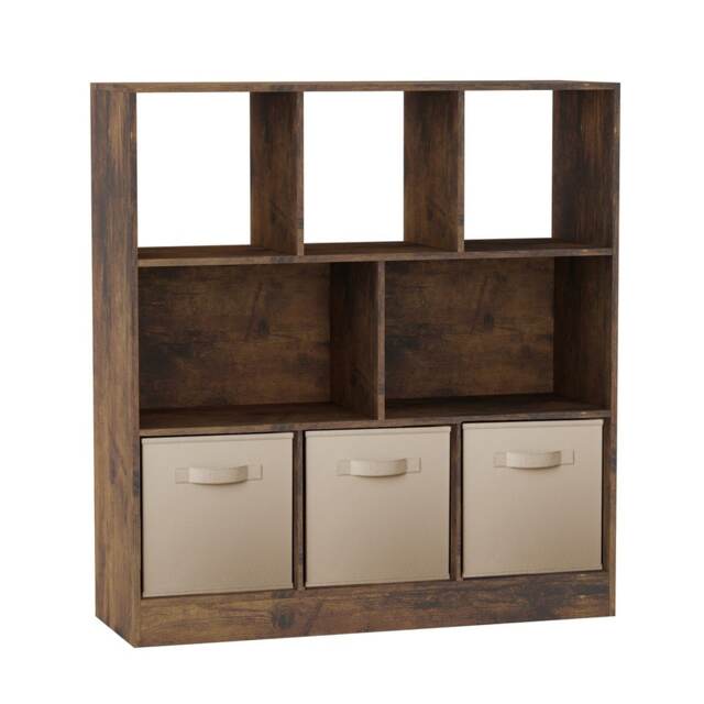 Asymmetrical 8 Rustic Brown Cube Bookcase Storage Unit with 3 Drawer Inserts Multi Rustic Brown & Sky Blue Drawer 1