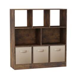 Asymmetrical 8 Rustic Brown Cube Bookcase Storage Unit with 3 Drawer Inserts Multi Rustic Brown & Sky Blue Drawer 1