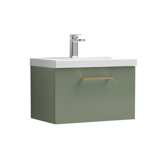 Balterley Wall Hung Bathroom 1 Drawer Vanity Unit and 1 Tap Hole Ceramic Basin, with Handle Green Satin Green