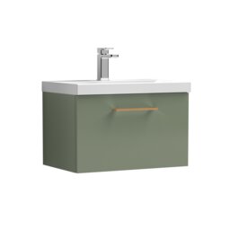 Balterley Wall Hung Bathroom 1 Drawer Vanity Unit and 1 Tap Hole Ceramic Basin, with Handle Green Satin Green