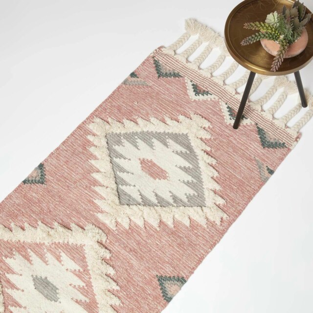 Homescapes Pali Pink Kilim Runner Wool Rug - 66 x 200 cm Pink 66 x 200 cm