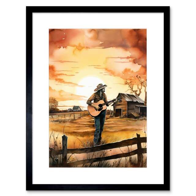 "Country Music Guitar Countryside Farm Sunset 9x7"" Black Framed Wall Art Print"