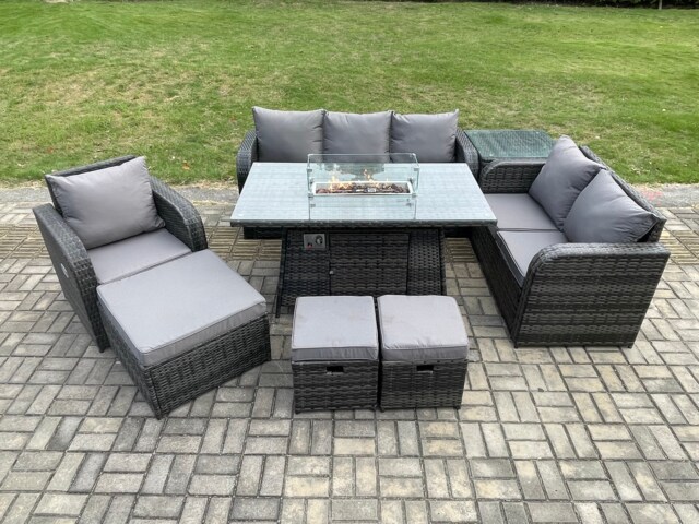 Fimous Garden Patio Furniture Wicker Rattan Gas Fire Pit Table and Sofa Chair set with Side Table 3 Footstool