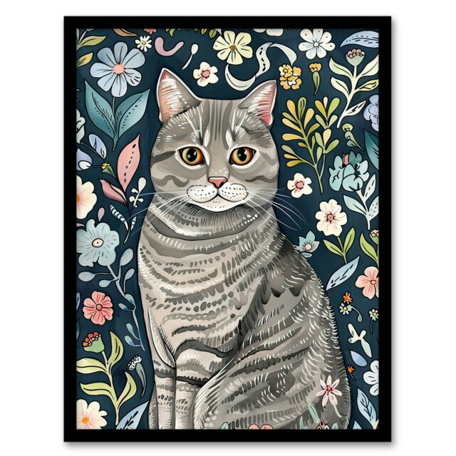 American Shorthair Cat Lover Floral Watercolour Black Framed Wall Art Print A4
