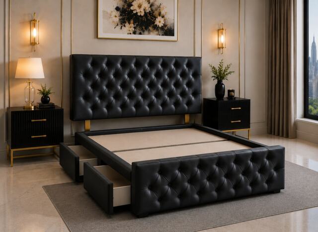 Brooklyn Divan Bed with Upholstered Headboard & Footboard Base - Single Black Leather No Storage