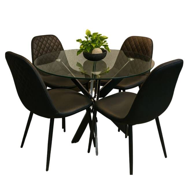 Round Glass Dining Table with 4 black Faux leather paded Chairs Dining Table Set