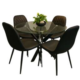 Round Glass Dining Table with 4 black Faux leather paded Chairs Dining Table Set
