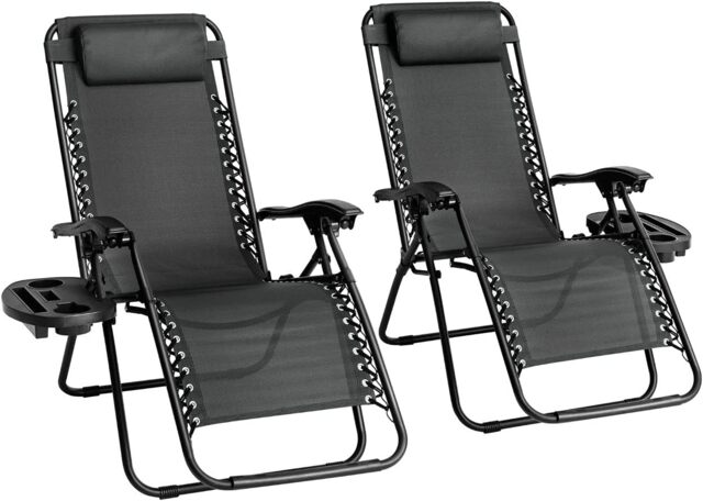 Straame Zero Gravity Reclining Chairs, Set of 2 Folding Outdoor Sunloungers (Black)