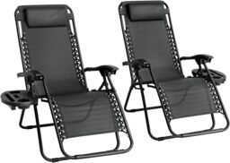 Straame Zero Gravity Reclining Chairs, Set of 2 Folding Outdoor Sunloungers (Black)