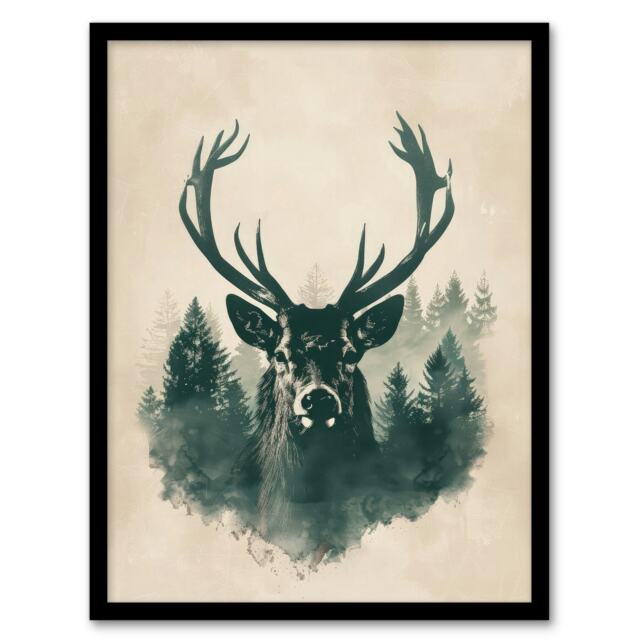 Majestic Stag Head Forest Watercolour Black Framed Wall Art Print A4