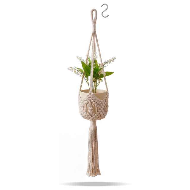 Hanging Basket 1 Pcs (White) - Cotton Macrame Plant Hanger with Hook for Indoor & Outdoor Use (Plant Not Included)