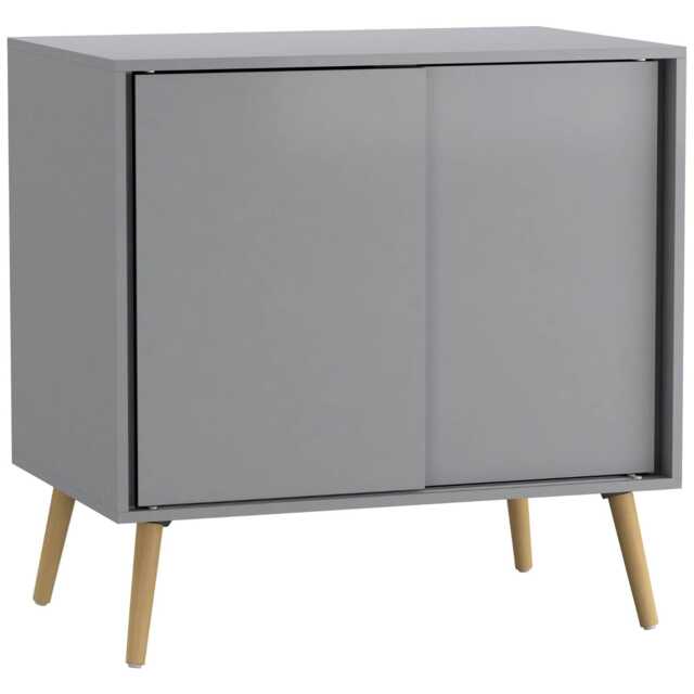 URBNLIVING 2 Sliding Door Cabinet With Wooden Legs Storage Unit Multi Grey Carcass & Pine Legs H80 x W80 x D51.5 cm 1