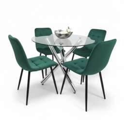 Round Glass Dining Table With 4 green velvet Chairs Dining Set