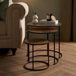 OHS Manhattan Round Nesting Side Coffee Table with Metal Frame Brown Dark Wood