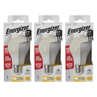 Energizer LED GLS E27 470lm 4.2W 2700K (Warm White) Light Bulb - Pack of 3