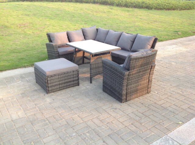 Fimous 8 Seater High Back Rattan Garden Furniture Set Corner Sofa With Oblong Dining Table Footstool With Arm Chair