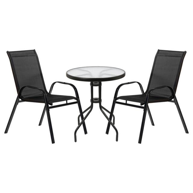 Harbour Housewares 3pc Sussex Round Glass Top Patio Bistro Set - Black Black Black