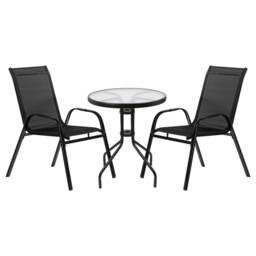 Harbour Housewares Sussex Round Metal Glass Patio Bistro Set with 1 Table and 2 Chairs - Black - 3pc Outdoor Garden Furniture