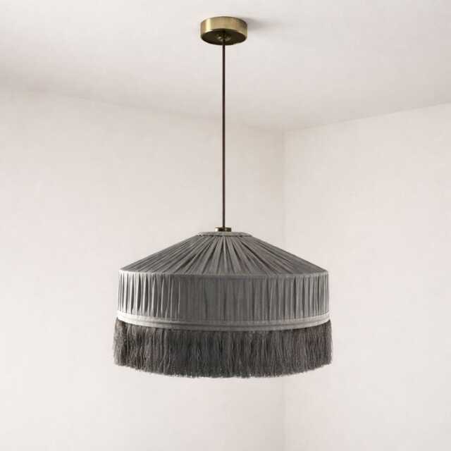 CGC Grey Victoria Velvet Fringe Lampshade, Pleated Tassel Pendant Light Shade