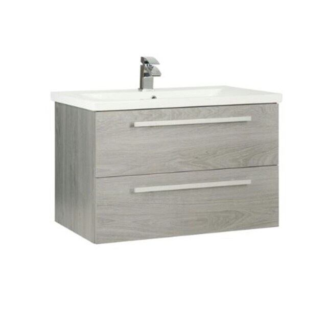 Bathroom 2-Drawer Wall Hung Vanity Unit with Mid Depth Ceramic Basin 800mm Wide - Silver Oak - Brassware Not Included Brown Brown 1
