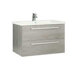 Bathroom 2-Drawer Wall Hung Vanity Unit with Mid Depth Ceramic Basin 800mm Wide - Silver Oak - Brassware Not Included Brown Brown 1