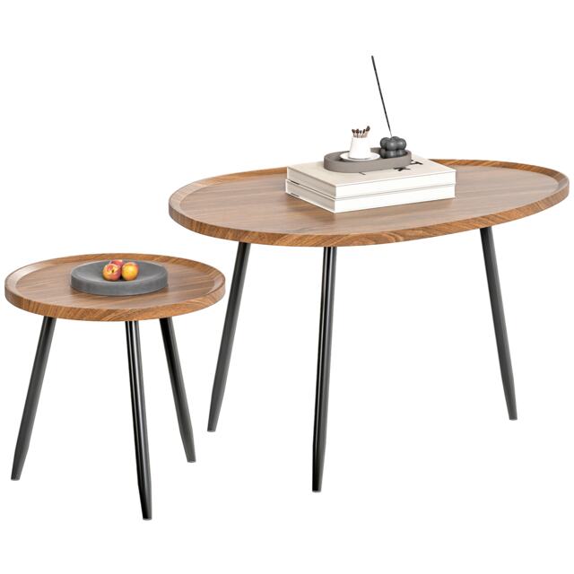 HOMCOM 2 80cm Sofa Side Table Set of 2 with Metal Legs, Chestnut Wood Effect Brown Chestnut