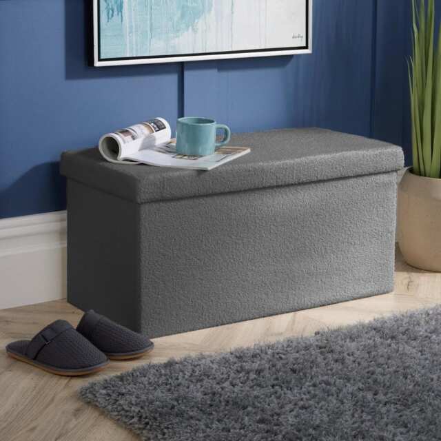Folding Ottoman Chest Boucle Teddy Bear Fabric Solid Storage Box Grey Grey