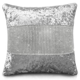 Luxury Crushed Velvet Diamonte Detail Cushion - 43cm x 43cm Grey Silver