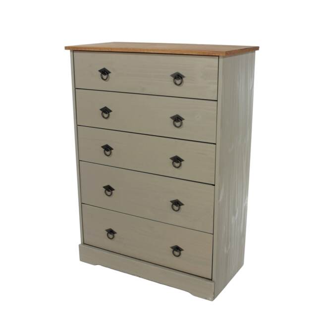Corona Classic 5 Drawer Chest of Drawers - Grey Washed Solid Wood Bedroom Storage with Gunmetal Handles