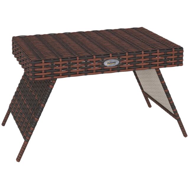 Outsunny Foldable Outdoor Side Table, Rattan Garden Coffee Table with Steel Frame, Space Saving Bistro Garden Furniture for Patio, Balcony, 60 x 41 x 41 cm, Brown Brown Brown 60cm x 41cm x 41cm