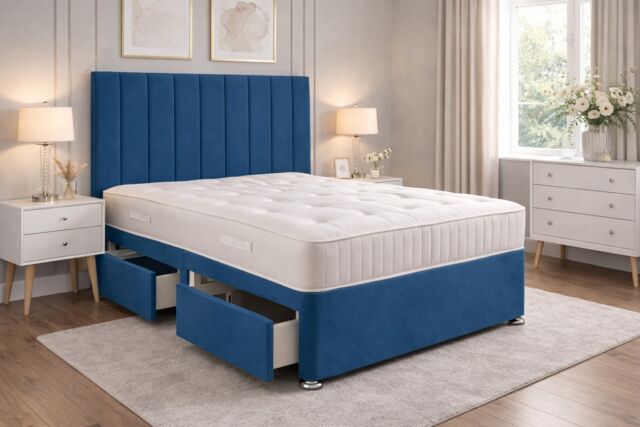 Suede Blue 2ft6 Small Single Divan 9 Panel with Headboard and Mattress Storage 2 Drawers Same Side