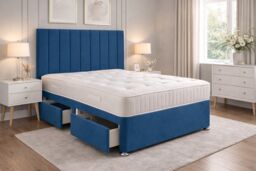 Suede Blue 2ft6 Small Single Divan 9 Panel with Headboard and Mattress Storage 2 Drawers Same Side